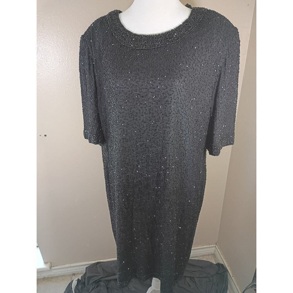 Lawrence Lazar Beaded Dress 100% Silk Black Sz 3X Back Slit Formal Prom Wedding